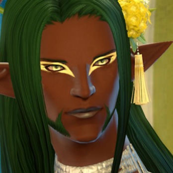A picture of Saintrelmaux, a dark-skinned elezen with long dark green hai, pale yellowgreen eyes emphasised by striking yellow facepaint and a very subtle smile.